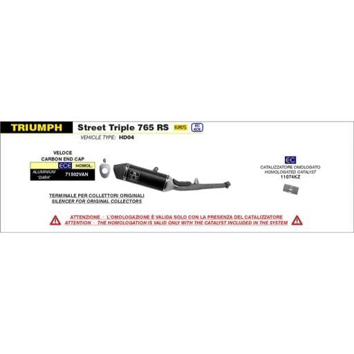 Arrow Triumph Street Triple 765 RS Veloce Aluminum Dark with Carbon Fibre End Cap Silencer