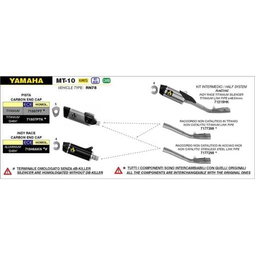 Arrow Yamaha MT-10/SP 2:1 Non-Cat Stainless Central Link Pipe